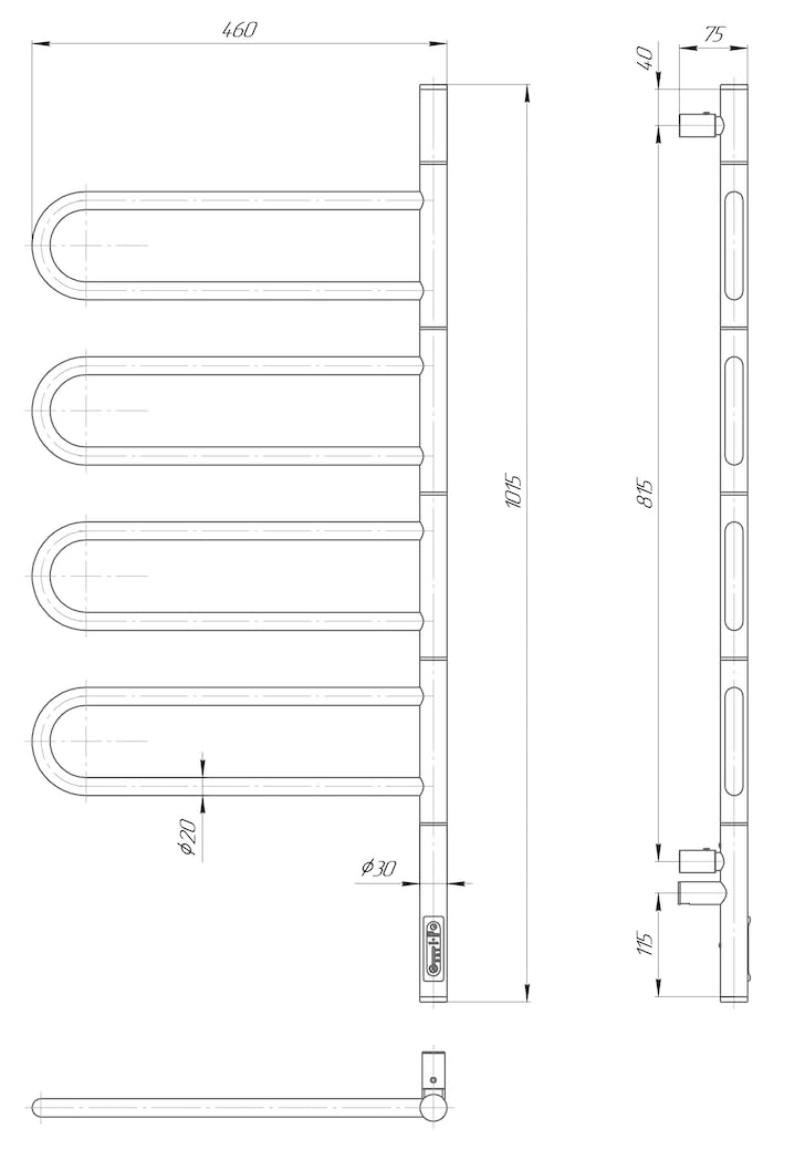 Elna Grzejnik na ręczniki, 125 W, 102 x 46 cm, grzejnik elektryczny, czarny, z 4 ramionami obrotowymi, termostat i timer, montaż ścienny, certyfikat IP44