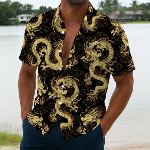 Mens Dragon Shirt Button Down Beach Casual Bowling Shirts3
