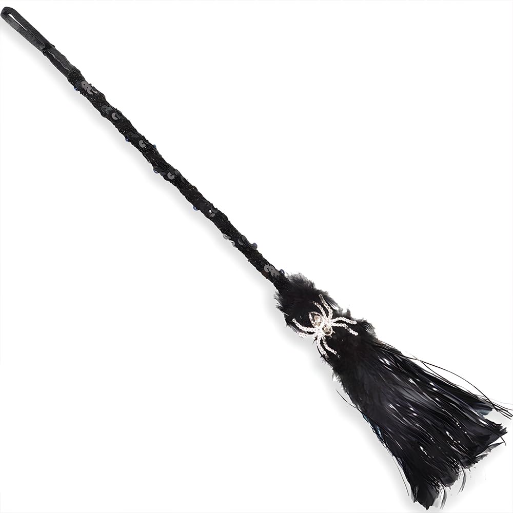 Black Witch Feather Broom Wand - 19" (1 Piece) - Perfect Halloween Prop for Witches Costume, Witch's Broom Decoration & Spooky Home Décor