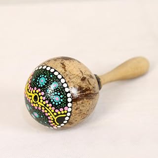 Coconut Shell Shaker Rattle – Hand-Painted Natural Coconut Hammer/Sand Kashaka | Indonesian Percussion Instrument | Handheld Musical Rattle for Rhythm, Jam & Gift
