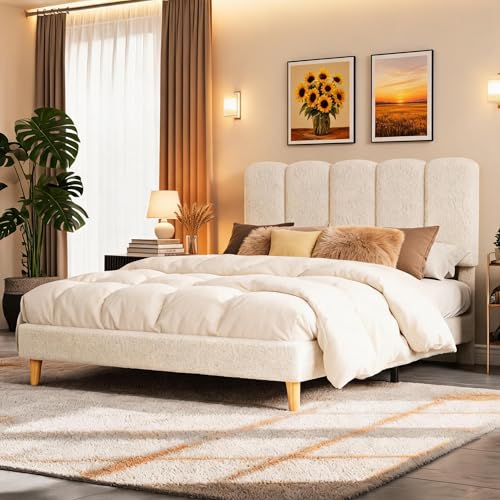 Crevyteg Modern Bouclé Upholstered Double Bed Frame 4ft6 135x190cm Adjustable Wave Headboard Sturdy Wooden Slats Underbed Storage Easy Assembly Perfect for Expert or Guest Room Beige