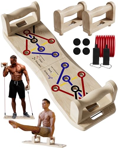 Foldable Push Up Board with Resistance Bands- Eco-Friendly Wooden Multi-Functional Portable Push Up Bar for Fitness, Professional Strength Training Equipment for Men & Women at Home Gym