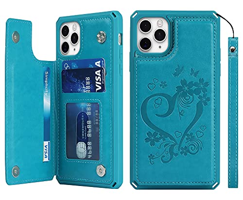 iCoverCase for iPhone 11 Pro Max Case with Card Holder, iPhone 11 Pro Max Wallet Case for Women, RFID Blocking Embossed Leather Wrist Strap Kickstand for 11pro Max iPhone Case 6.5 Inch (Heart Blue)