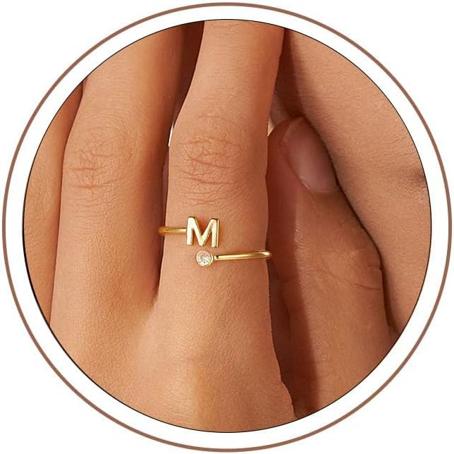 Anillos iniciales para mujeres adolescentes, joyería de letras ajustables | delicado anillo abierto chapado en oro de 14 QUILATES, diseño de banda ajustable, joyería de letras personalizada, regalo minimalista para mujeres adolescentes