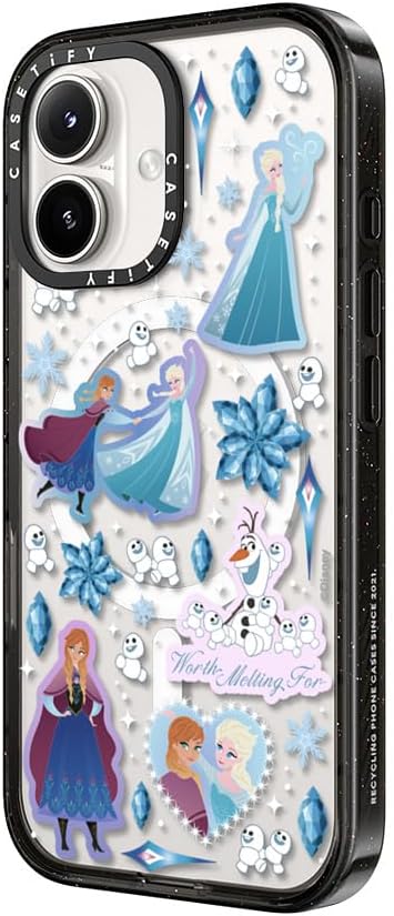 CASETiFY Impact iPhone 16 Case [Frozen Co-Lab / 8.2ft Drop Protection/Magsafe] - Frozen Friends Stickermania - Clear Black