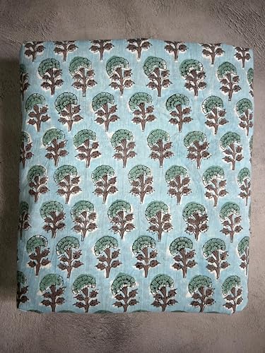 Image of Jaipur Floral Print Hand Block Printed Fabric by The Yard - Soft Cotton Material with Floral Design, Aqua and Brown - Ideal for Sewing, Quilting, Dressmaking, and Home Decor (7 Meter)