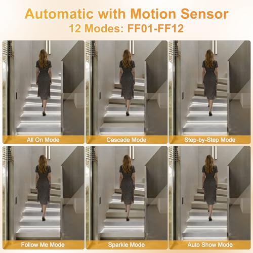 Image of Intelligent Motion Sensor LED Stair Light Kit with Main Wire& Daylight Sensor, Step by Step Control 47.2 Inches Cuttable LED Strip Lights Indoor with Remote (20 Stairs,6000K)