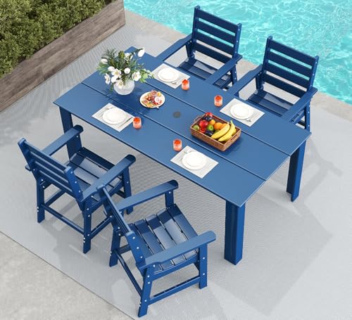 Image of GREENVINES 5-Piece Outdoor Dining Set | HDPE | Patio Table and Chairs Sets for 4 | Patio Furniture | All Weather | Umbrella Hole | Blue| for Backyard Poolside Garden