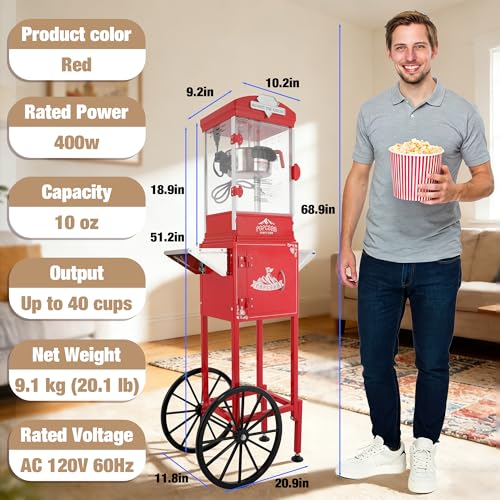 Image of 10oz Popcorn Machine with Cart - Vintage Movie Theater Style Maker - Shatterproof Acrylic and Storage Cabinet for Home Parties, Concessions - Red