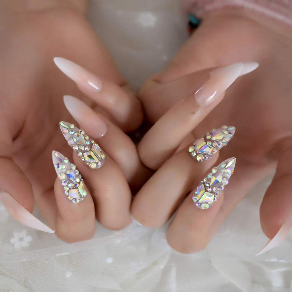 Falsche Nägel Luxus Gefälschte Nägel Designer Extra Lang Ombre Französischer Schmuck Vorgefertigte Nägel Natürliche Stiletto AB Steine Dekorationstipps