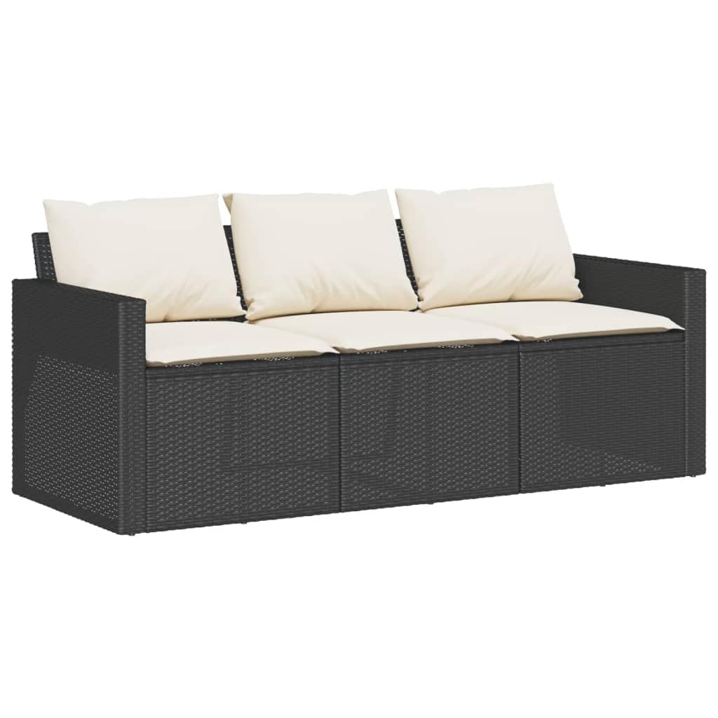 Divano da Giardino 3 Posti, in Polyrattan e Acciaio, con Cuscini Imbottiti, Set Giardino Esterno, Salotto da Giardino, per Terrazzo e Giardino, Colore Nero, Dimensioni 177x70x68 cm