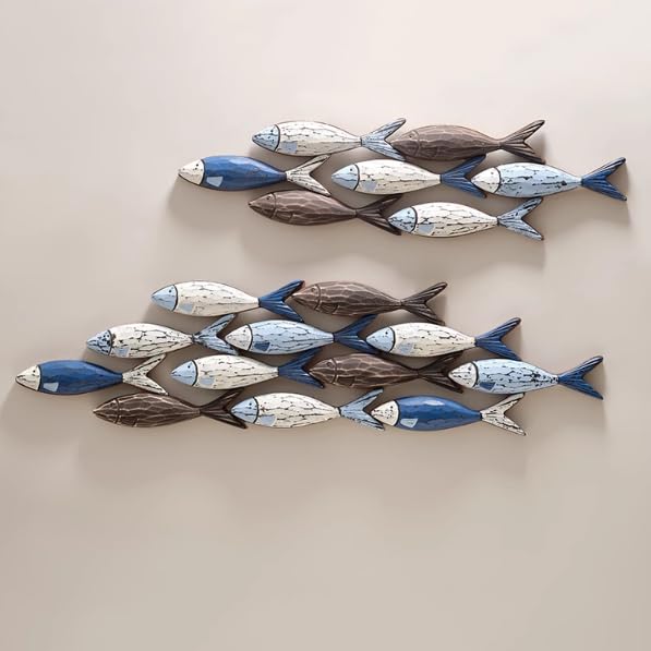 Decorazione Pesce Legno Stile Nautico - Set 4 Pesci Per Parete In Tema Costiero
