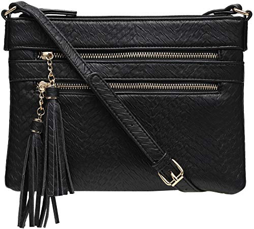 B BRENTANO Vegan Multi-Zipper Crossbody Handbag Purse with Tassel Accents