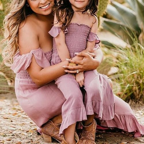 Mommy and Me Dresses Off-Shoulder Ruffle Flowy Irregular Hem Maxi Dress Family Outfits Summer Matching Long Dress4