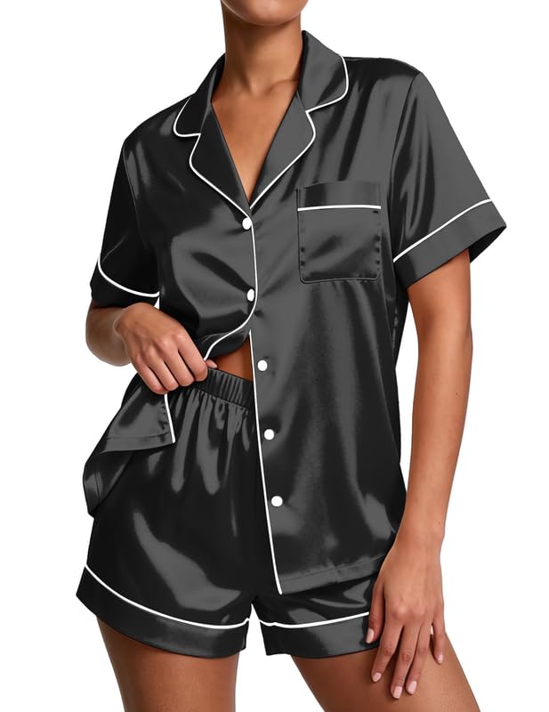 Image of Ekouaer Pajamas for Women Set Silk Satin Pjs Button Down Sleepwear Summer Loungewear Top and Shorts Lounge Set S-XXL