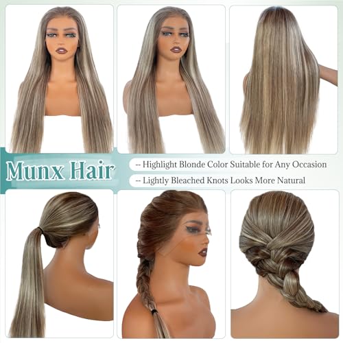 Image of Munx 13x6 Highlighted Lace Front Wigs Human Hair, Ash Blonde Balayage Glueless Wigs Human Hair for Women Ash Brown with Platinum Blonde Highlight Lace Front Wig Pre Plucked 180% Density 26 inch