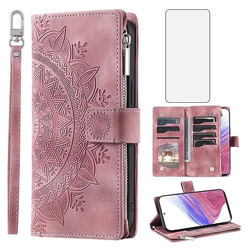 Pochette Samsung A53 5G fleur mandala avec rangement zippé pour monnaie et cartes