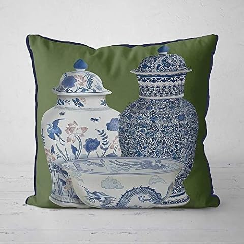 ArogGeld Chinoiserie Pillow Cover Oriental Decor Green Sofa Chinese Cushion Scatter Cushions Blue And White Asian Vase Trio Home Decorative Pillows For Bedroom Birthday Gift, 18inX18in Cover