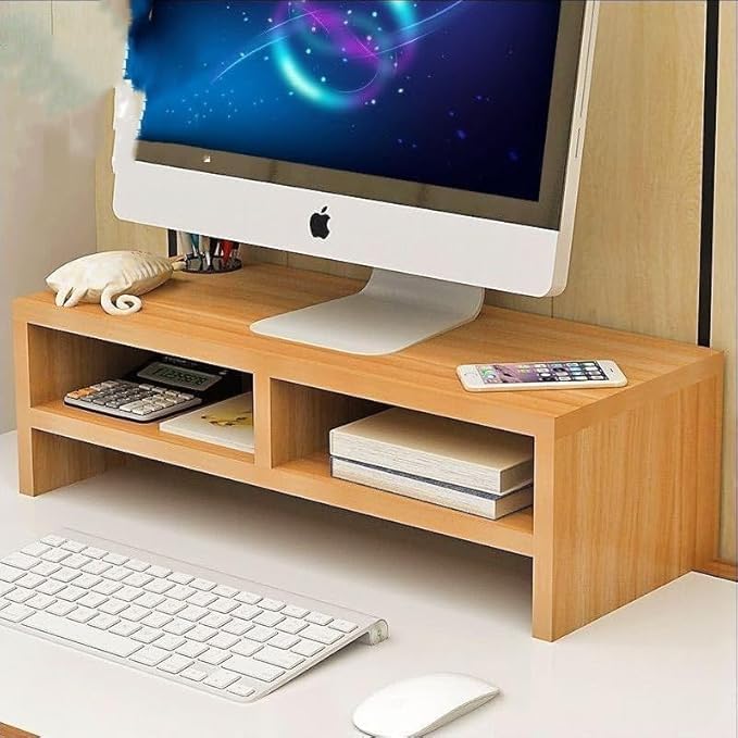 Image of Wooden Monitor Stand Riser with Storage Compartment and Lockable Storage Drawer Stand | Adjustable Desktop Organizer for Computer, Flax, Laptop & Printer (Monitor Stand (wood) 3 Box)