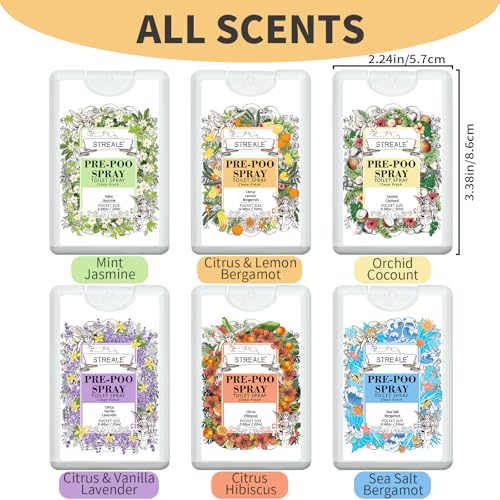 Image of Travel Size Toilet Spray 6-Pack, Travel Essentials Toiletries, Pocket Size Pre-Poo Spray, Bathroom Odor Deodorizer, Up to 240 Uses, 6 Refreshing Scents