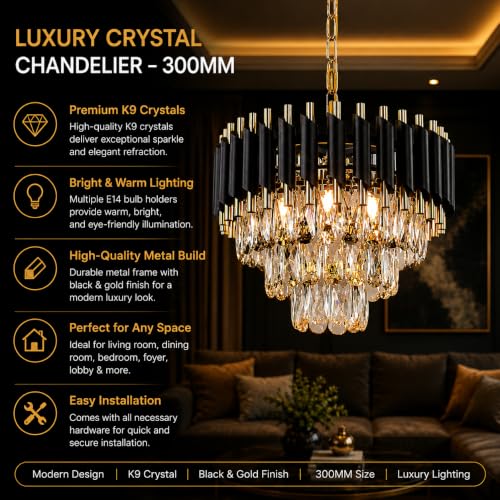 Image of TRIXY Chandeliers Lights for Ceiling Black Gold Square Crystal Hanging Pendant Light Lamp | 2 Tier, K9 Crystal 300mm Stylish Jhoomar Pendant Lamp for Bedroom, Living Room, Balcony Lighting Decor