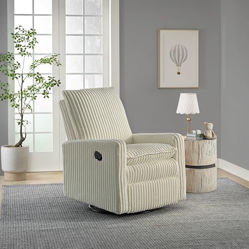 Image of Oxford Baby Uptown Upholstered Glider Recliner Rocking Chair 360 Swivel for Nursery and Living Room - Corduroy, Pearl White