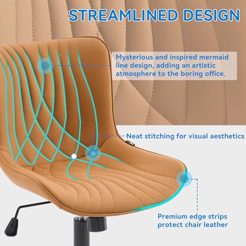 Image of YOUNIKE Office Chair, Armless Desk Chair with Wheels, Adjustable Swivel Home Office Computer Task Chairs, Modern Faux Leather Upholstered Vanity Chair with Back, Saffron Tan