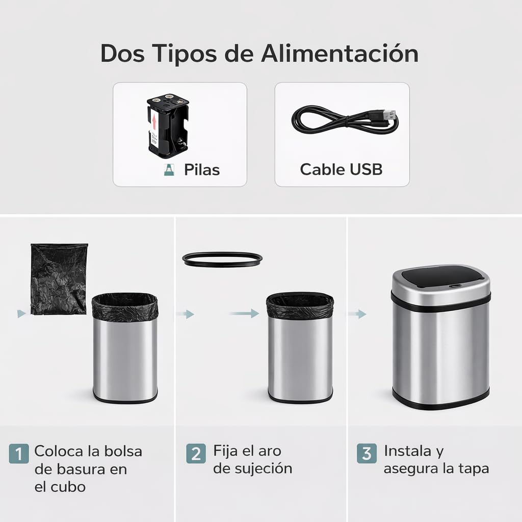 Cubo de Basura Automatico Cocina con Sensor de Movimiento Inteligente Sin Contacto | 50 litros Acero INOX Tapa Automática Carga con Pilas o Batería. Diseño moderno para hogar oficina y reciclaje