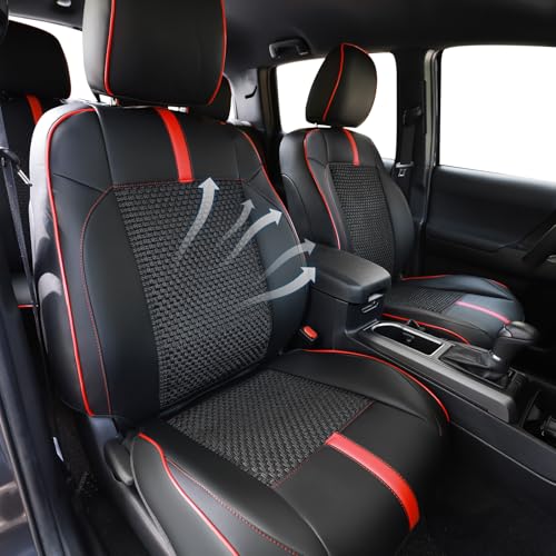 Image of Leather Seat Covers Custom Fit for Toyota Tacoma 2016-2023 3rd Gen Double & Crew Cab SR,SR5,Limited,TRD Pro,TRD Sport, TRD Off-Road,Full Coverage Seat Covers,Interior Accessories (Full Set,Red Black)
