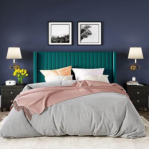 Allewie Queen Size Bed Frame/Velvet Upholstered Platform Bed/Vertical Channel Tufted Wingback Headboard/Strong Wooden Slats/No Box Spring Needed/Easy Assembly/Teal