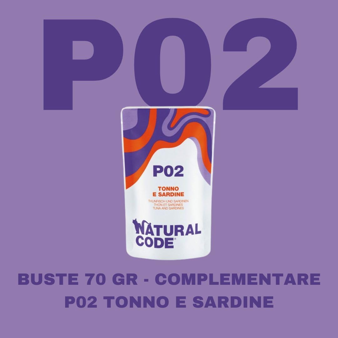 Natural Code húmedo para gatos adultos, sabor pollo y sardina, número P02, suaves sacapuntas en agua de cocción para gatos adultos de todas las tallas, altamente digerible | 12 sobres de 70 gramos