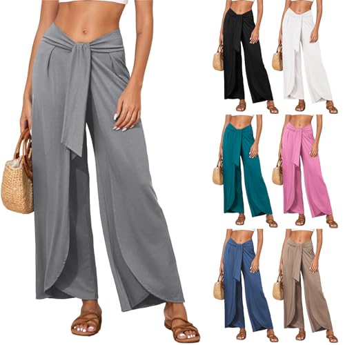 Womens Beach Pants Split Wide Leg Beach Pants High Waisted Tie Cropped Pant Summer Flowy Casual Palazzo for Women4