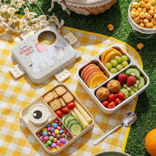 Image of Kids Tiffin Box for School, 3 Compartments Insulated Stainless Steel Lunch Box, Leak Proof Bento Box with Spoon, BPA Free Food Grade Meal Box, 1120ml + 70ml (Grey, Super Elephant)