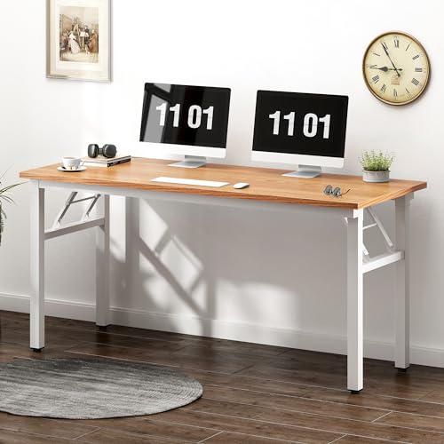 Image of Need Folding Desk, 54 inch Large Computer Desk for Home Office, No Install Needed Study Student Writing Table Desk Workstation, Teak White
