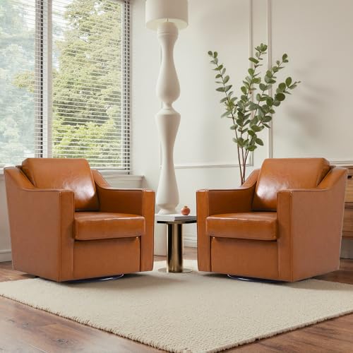 UIXE Swivel Accent Chairs Set of 2, PU Leather Club Chair Upholstered Armchair for Living Room, Comfy Single Sofa Bedroom Side Reading Seat with Lumbar Pillow - Light Brown
