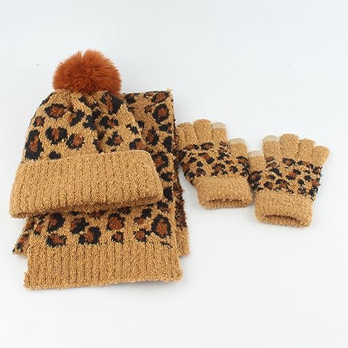 Kids Toddler Winter Beanie Hats Gloves Long Scarf Leopard Print Warm Knit Set Pompom Beanie Neck Warmer Mittens Gifts3