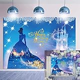 Baby Blue Princess Happy Birthday Backdrop Fantasy Castle Carriage for Princess Party Decorations Shiny Light Photography Backdrop 7X5FT