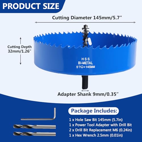 Image of 5.7 Inches /145mm Bi-Metal Hole Saw w /Arbor & Pilot Bit | Blue-Coated, Cuts Fiberboard, Wood, Drywall, Plastic, Soft Metal, PVC, Cornhole Boards, For Precision Drilling