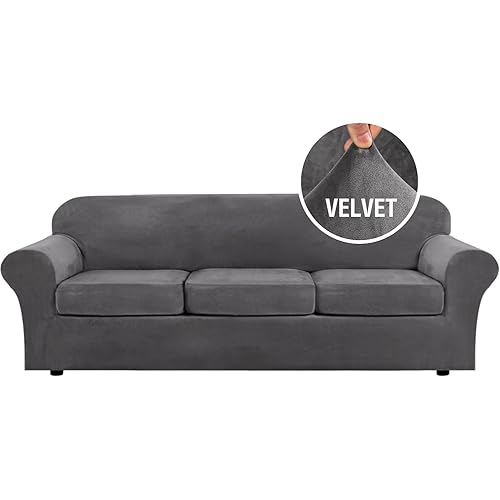 H.VERSAILTEX Velvet 4 Piece High Stretch Sofa Slipcover Sofa Cover Furniture Protector Form Fit Luxury Thick Velvet Extra Large Sofa Cover for 3 Cushion Couch Width Up to 105 Inch (XL Sofa, Gray)