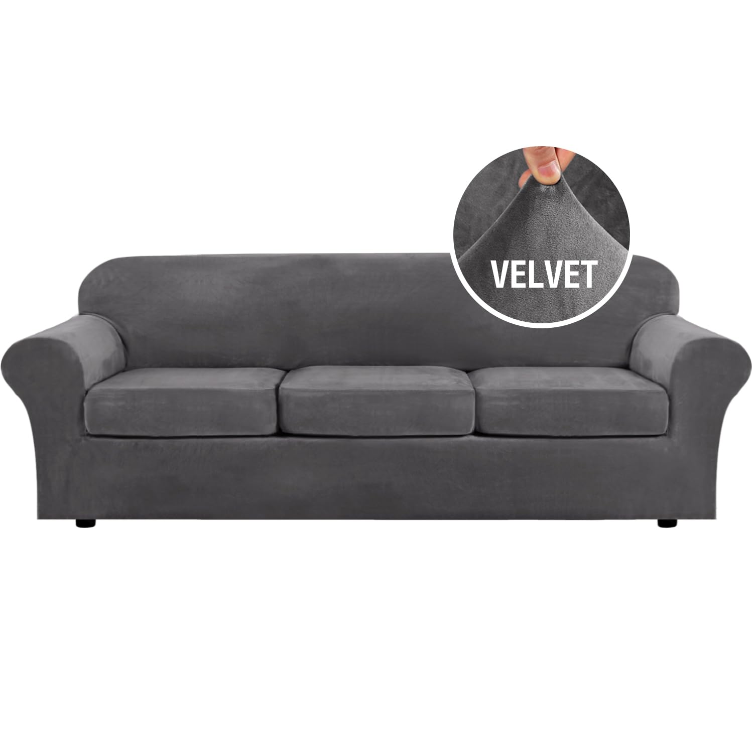 H.VERSAILTEX Velvet 4 Piece High Stretch Sofa Slipcover Cover Furniture Protector Form Fit Luxury Thick Velvet Extra Large Sofa Cover for 3 Cushion Couch Width Up to 97 Inch (XL Sofa, Gray)