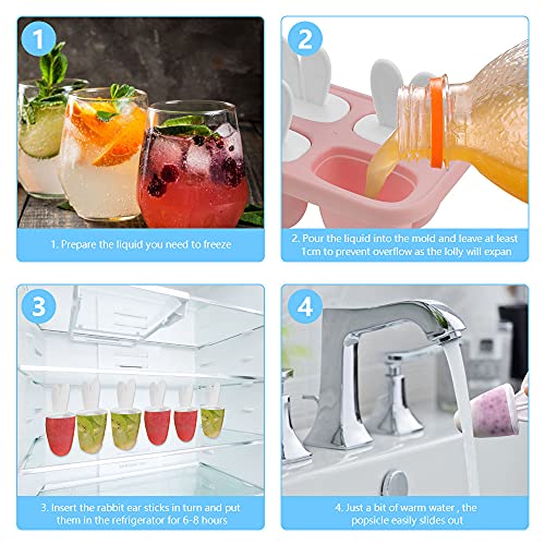 LYTIVAGEN Cartoon Ice Lolly Moulds BPA-Free Ice Lolly Maker Bunny Ice Cream Mould DIY Popsicle Mold Reusable Ice Pop Maker with Sticks for Toddlers Children Adults Homemade Popsicle (6 Grids, Pink) - Image 6