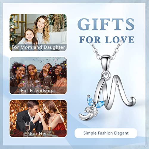 Eudora Initial Necklace M Letter For Women Girl Sterling Silver Personalized Letter Pendant With Blue Cubic Zirconia Butterfly 18 Inches Chain #TOP3