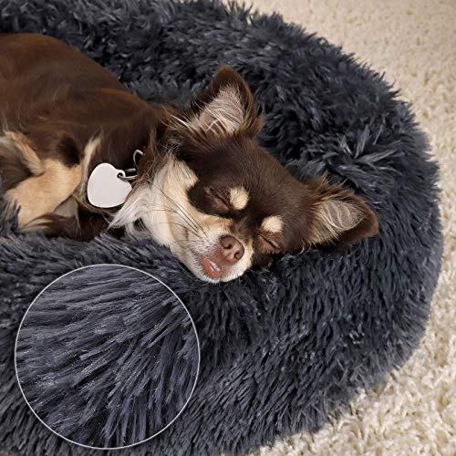 lionto Donutbett für Hunde und Katzen, Flauschiges Hundebett rund für kleine und große Heimtiere, Ø 50 cm, weiches Katzenbett aus kuscheligem Plüsch, Hundekissen mit extra Dicker Füllung, dunkelgrau