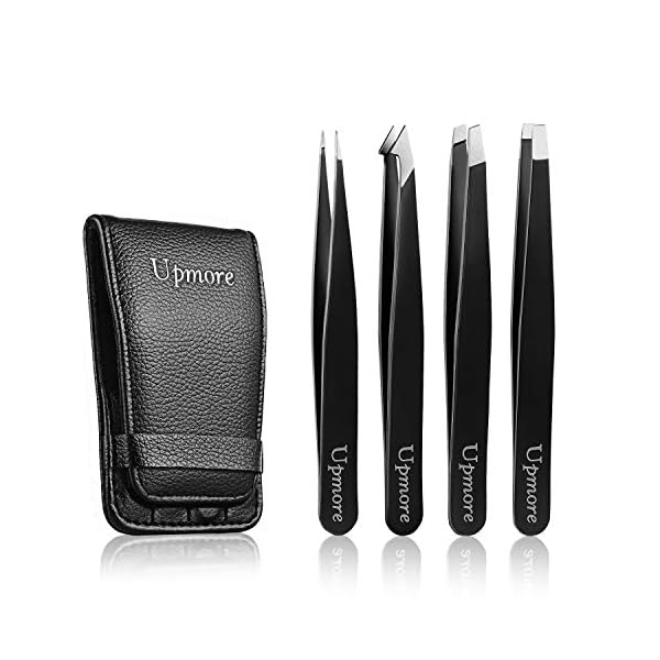 Upmore 4x Pinzette Set Edelstahl - schwarz Augenbrauenpinzette Set Schere Pinzette, gerade schräge spitze Zupfpinzette Splitterpinzette Spitzpinzette für Frauen und Männer