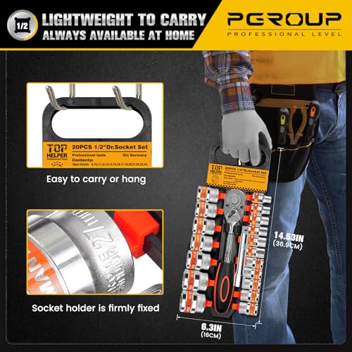 Image of 20 PCS 1 /2 inch Drive Metric Socket Wrench Set,1 /2 Reversible Ratchet Handle,6 Point Shallow Sockets (8-32mm) and Extension Bar 5 inch, CR-V Steel, Car Repair Set