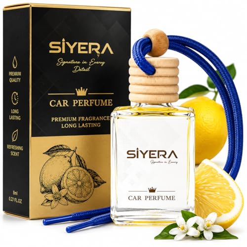 Image of SiYERA Hanging Car Perfume with Essential Oils | Car Air Freshener 10ml | Long-Lasting Aroma in Glass Bottle with Wooden Diffuser Lid (Lemon)