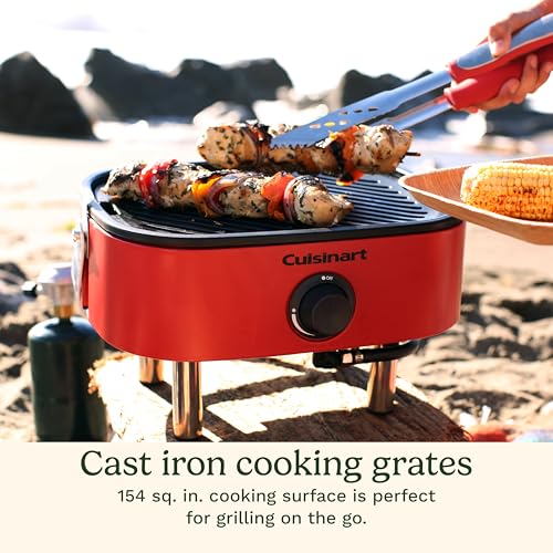 Image of Cuisinart Venture Portable Gas Grill, Small Camping Grill with Cutting Board and Handle, Non Stick Porcelain Enameled Cast Iron Grate, 9,000 BTU Stainless Steel Burner for Camping, Tailgates, Beaches