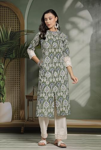 Image of Pistaa's Women's Cotton Regular Fit A Line Regular A-Line Printed Cutwork Sleeve Kurta
