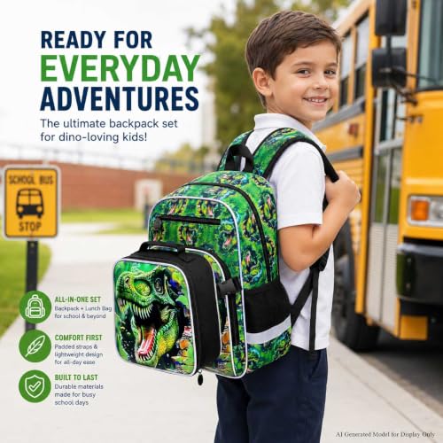 Image of 16 inch Dinosaur Backpack for Boys, 3Pcs Kids Bookbag with Lunch Box, School Backpacks for Elementary Preschool Kindergarten (Green)
