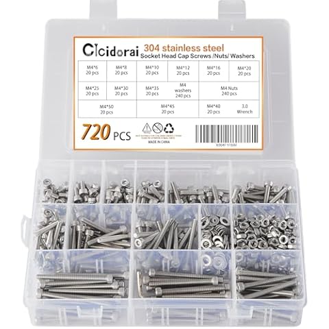 720 Pcs M4 x 6/8/10/12/16/20/25/30/35/40/45/50mm 304 Stainless Steel Hex Socket Head Cap Screws Bolts with M4 Nuts, M4 Washers and 1 Pcs Hex Key Wrenches Assortment Kit Cover